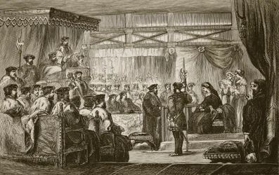 El juicio de la Reina Ana ante los Comisionados del Rey, grabado por Butterworth y Heath